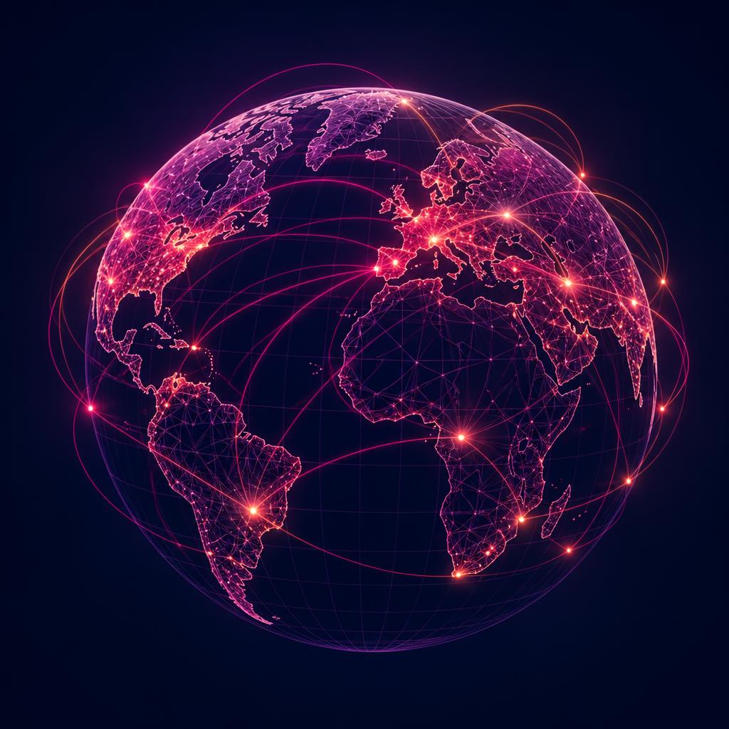 Illustration of a deep navy globe with glowing connection lines arcing between continents, representing international payment routes